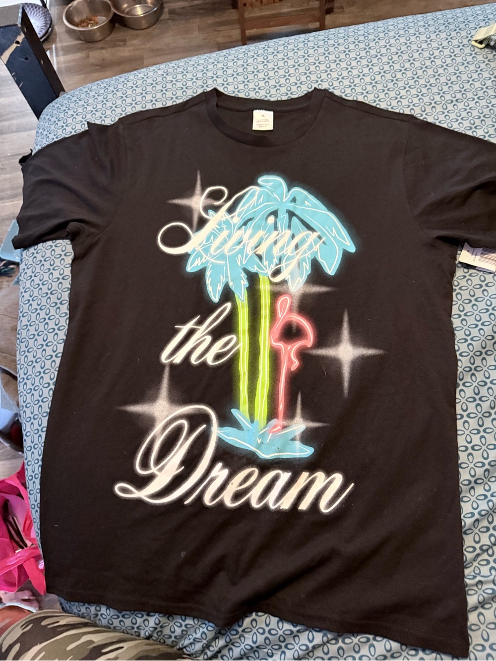 Source Unknown Black Tee with Neon Palm Tree and Flamingo Graphic